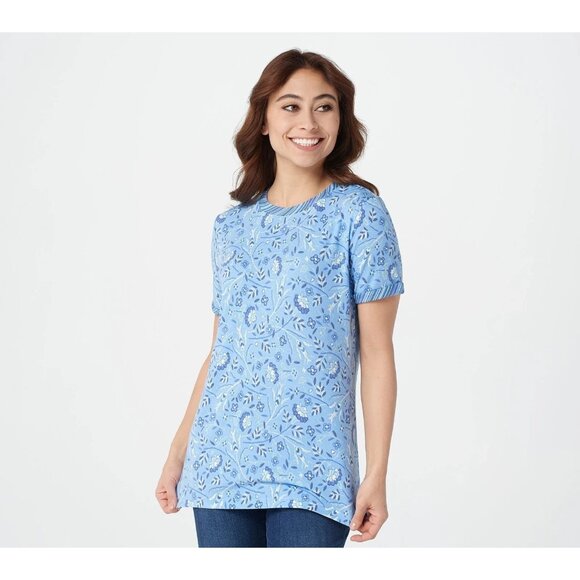 Isaac Mizrahi Live!DENIM Floral T-Shirt with Contrast Sleeve Blue Small A375709 - Picture 1 of 1